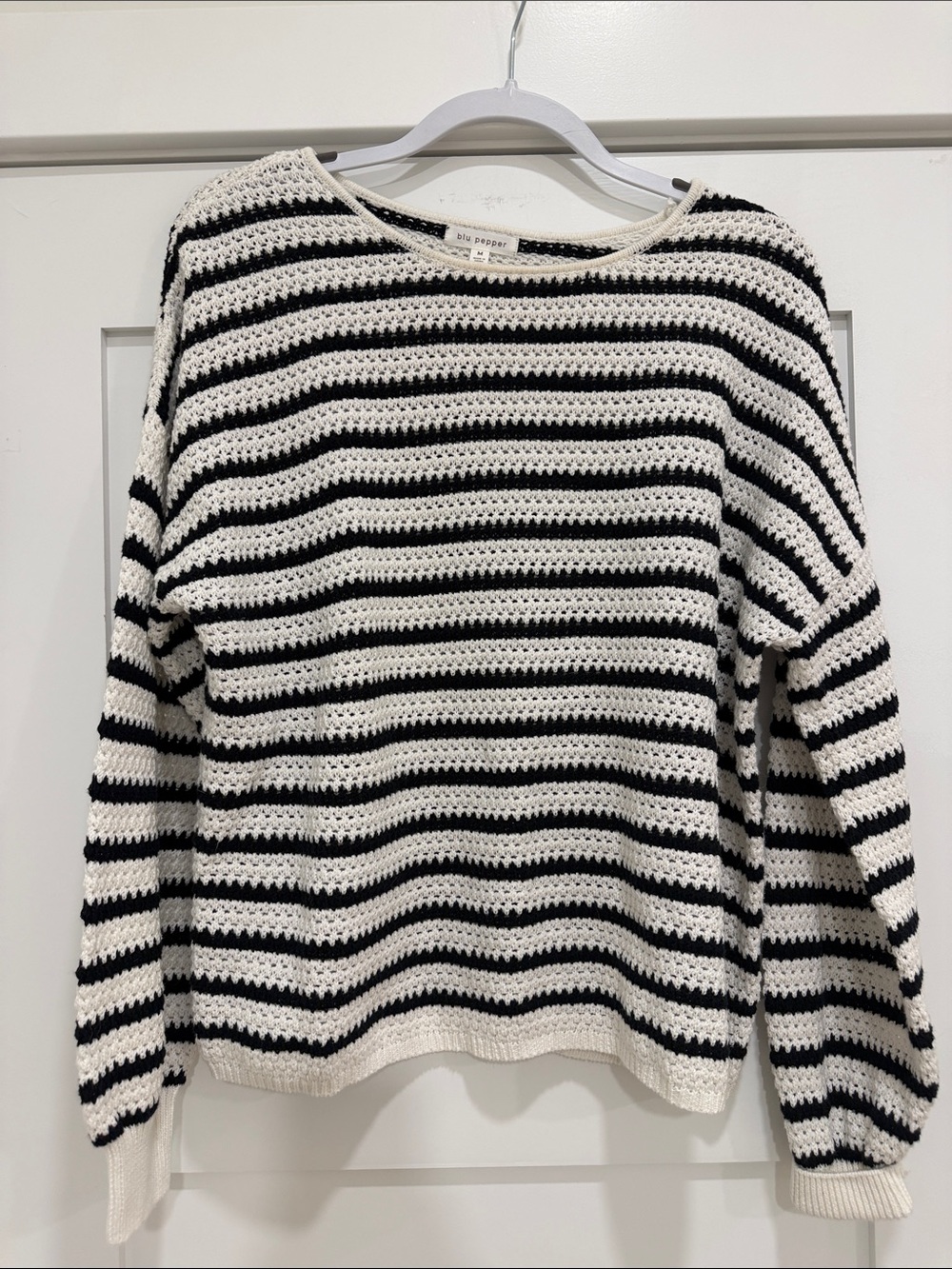 Pinkblush Black & White Striped Crochet Crew Sweater